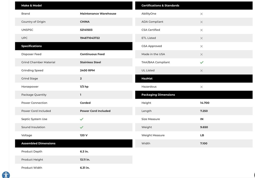 Maintenance Warehouse Food Waste Disposer 1/3 HP W Power Cord 113744 Disposal