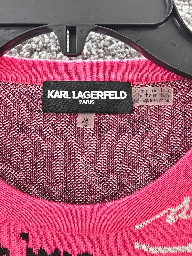 KARL LAGERFELD PARIS Allover Script Sweater Women's XS Teaberry Multi Pullover