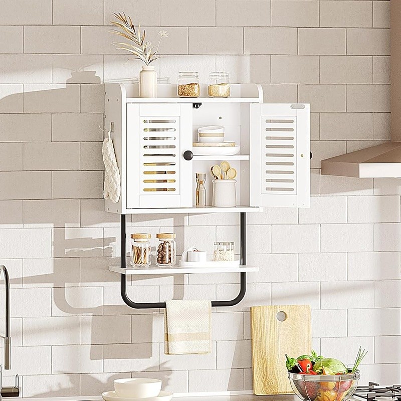 Wall Mounted Bathroom Storage Cabinet Adjustable Shelf Hooks Shutter Design New