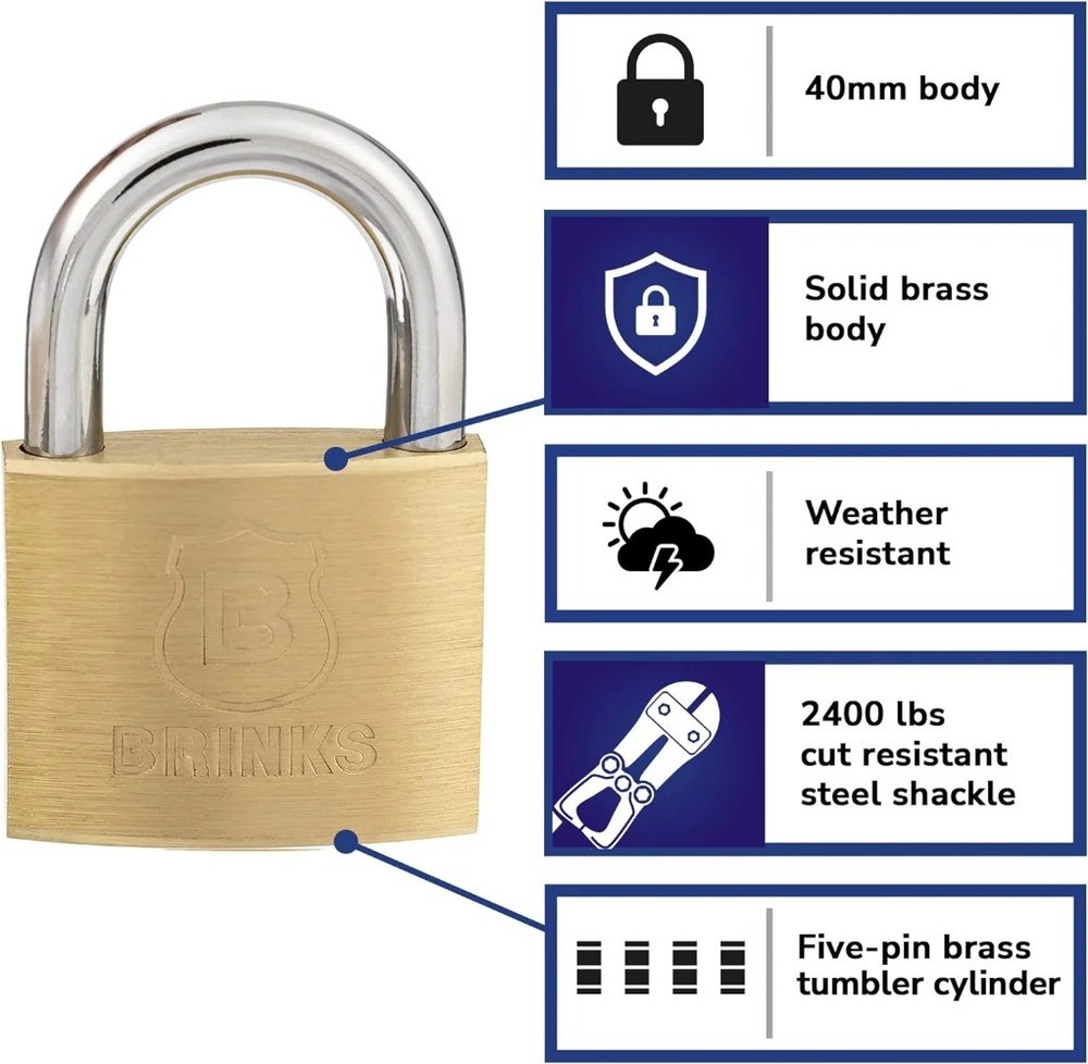(2 pack) Brinks Solid Brass 40mm Keyed Padlock with 7/8in Shackle, 4 pack