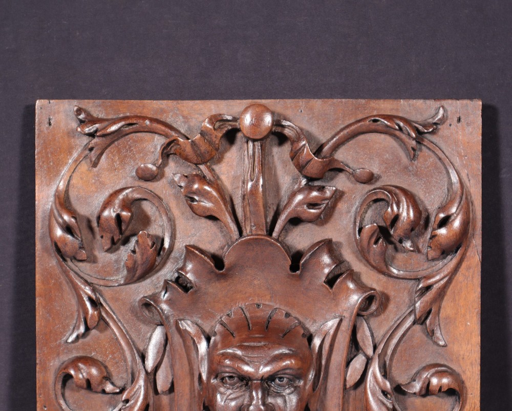 15" Tall Antique French Solid Walnut Wood Panel with Highly Carved Devil/Face