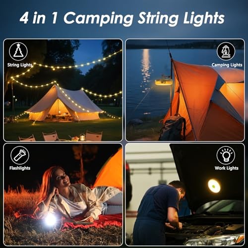 Camping String Lights, 4-in-1 Quick Storage Camp Light, 8Mode 32.8FT 2Pack