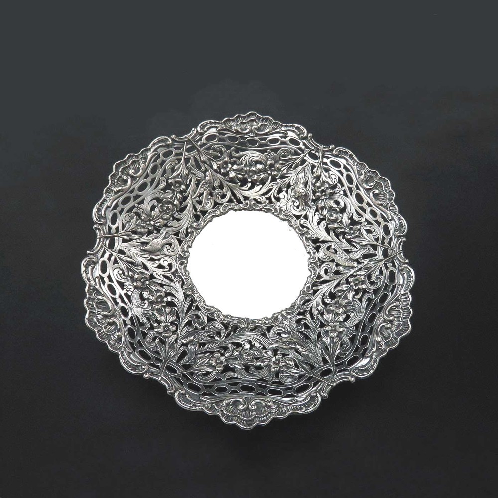 German 1900 800 Silver Pierced Openwork Low Compote Bowl Bird & Garland Design