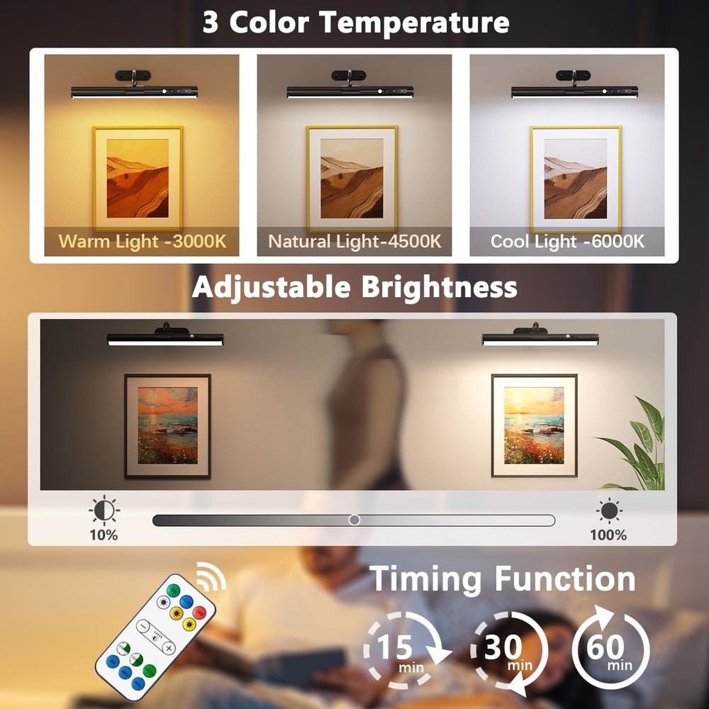 Motion Sensor Battery Operated Picture Light, Wireless Rechargeable Black