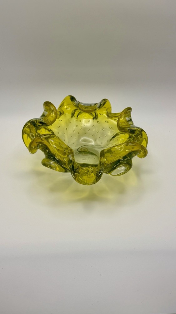 Vtg  Murano Double Ruffled Controlled Bubbles Console Dish Ashtray Lime Yellow