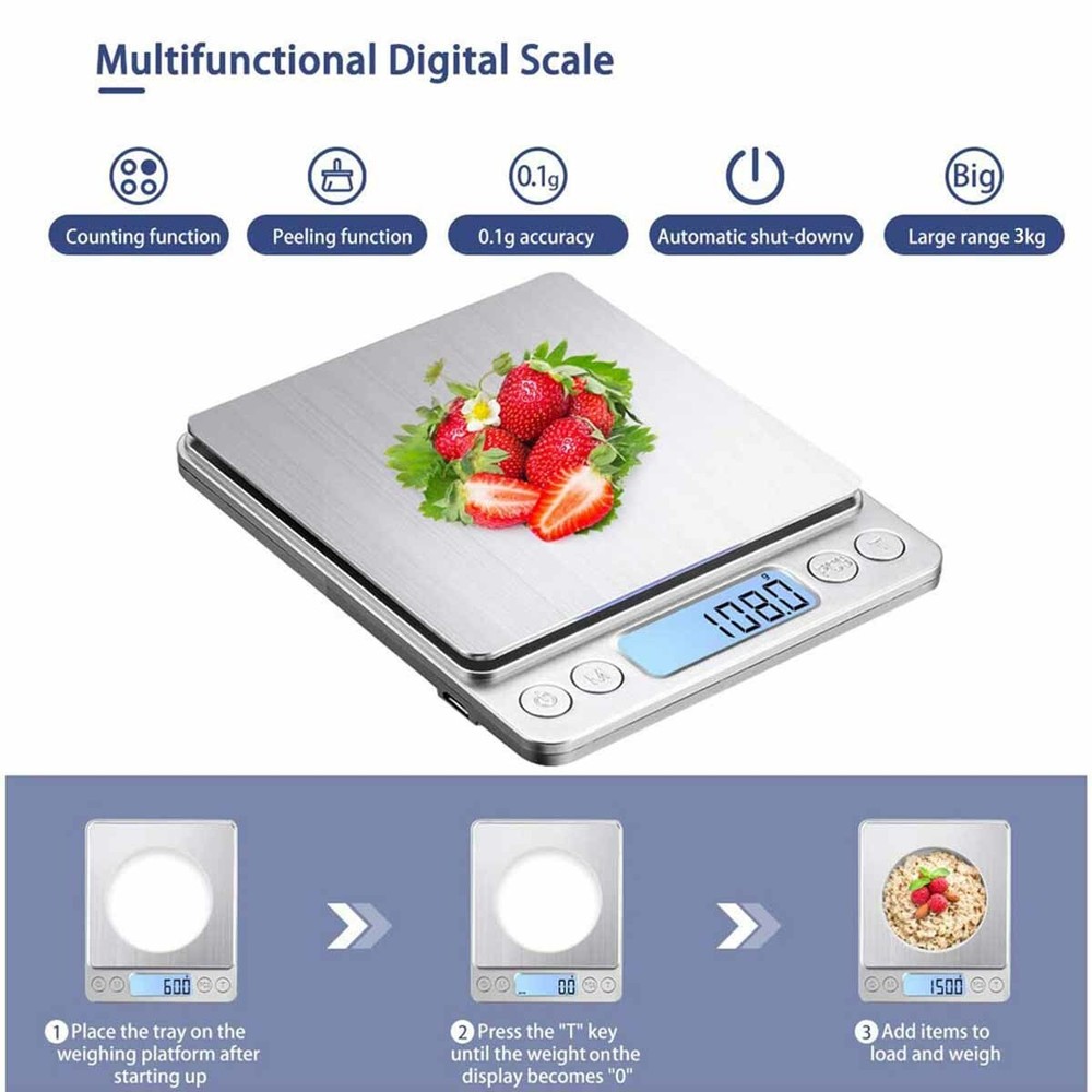 3000g Kitchen Scale for Cooking Baking, 0.1g High Precision Electronic Scale