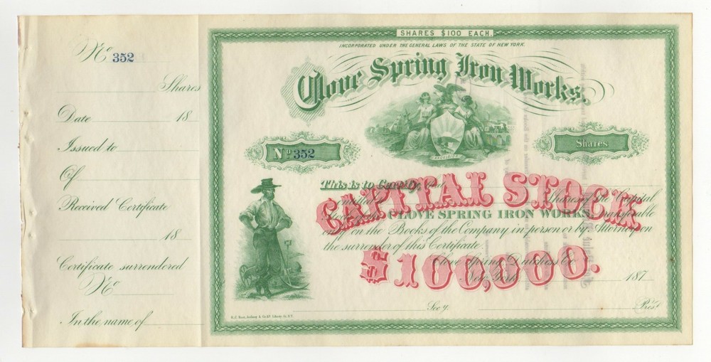 Clove Spring Iron Works Stock Certificate