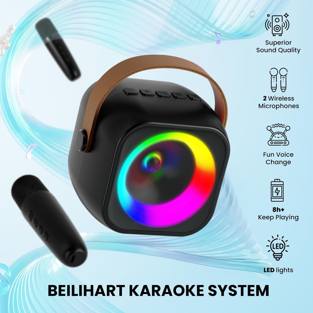 Mini Karaoke Machine, Portable Bluetooth Speaker 2 Mics, Black 2 Mics