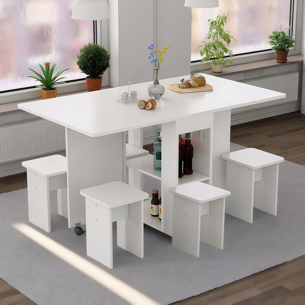 Folding Dining Table Set 4 Chairs, Space Saving with Storage & Wheels, White
