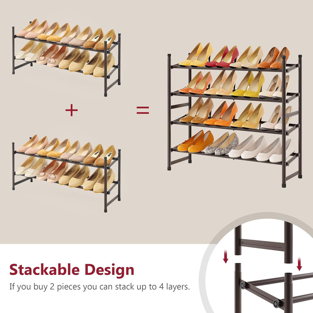 2 Tier Expandable Shoe Rack for Closet, 28“-41“Adjustable & Stackable Shoe Shelf