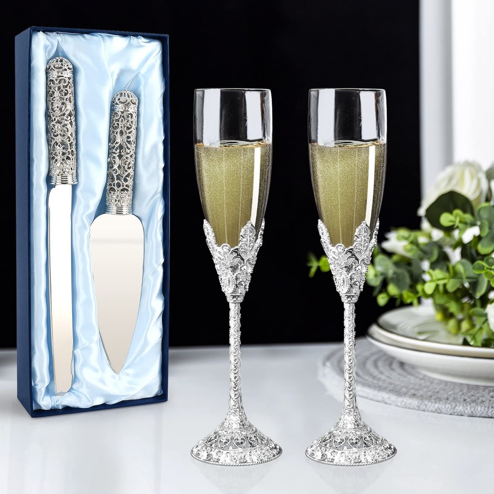 Wedding Silver Cake Knife and Server Set - 2 Pcs Dessert Set Metal Handle wit...