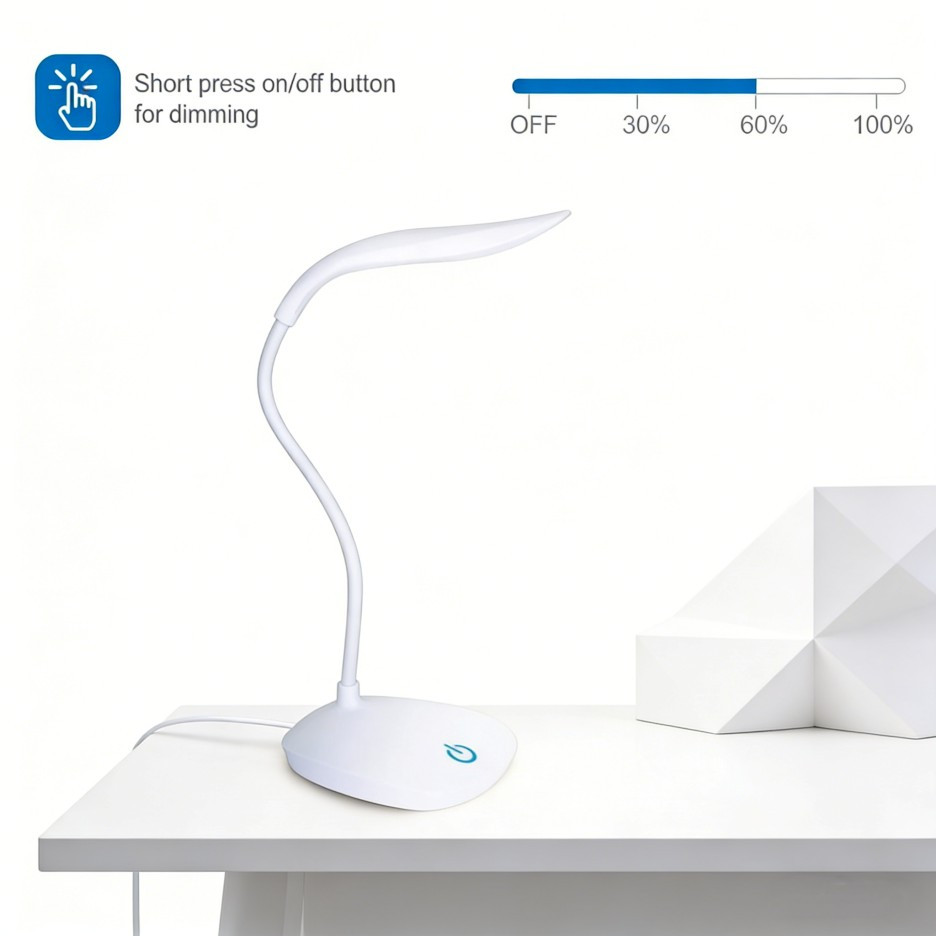 USB LED Desk Light Dimmable Bedside Reading Lamp Rechargeable Touch Control -&