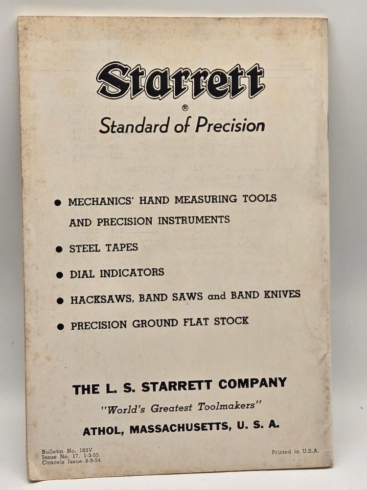 Starrett Precision Tools Price List 1955