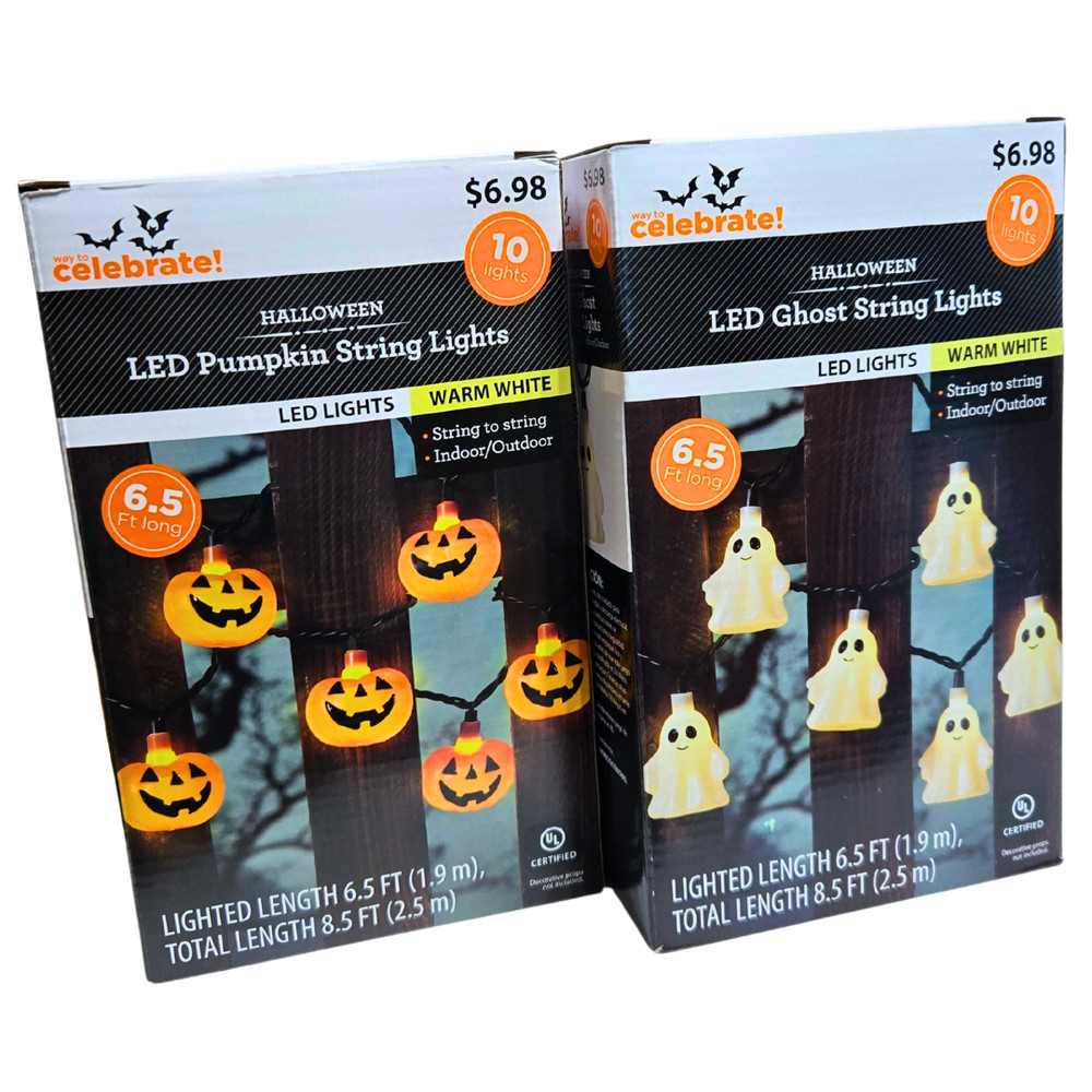 Halloween Jack O'Lantern Pumpkin and Ghost 10 Mini String Lights Lanterns NIB