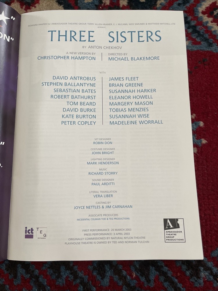 Original Programme Ticket Three Sisters Christopher Hampton Michael Blakemore FH