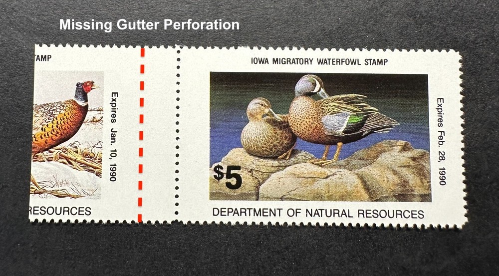 1989 IOWA - State Duck Stamp - LotP - MNH **Gutter Habitat Missing Perf ERROR**