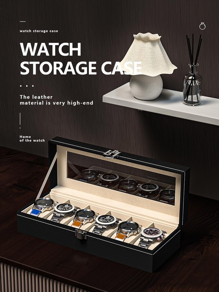 Ausalivan Watch Display Case For Men,Leather 6 Slots, Black Leather