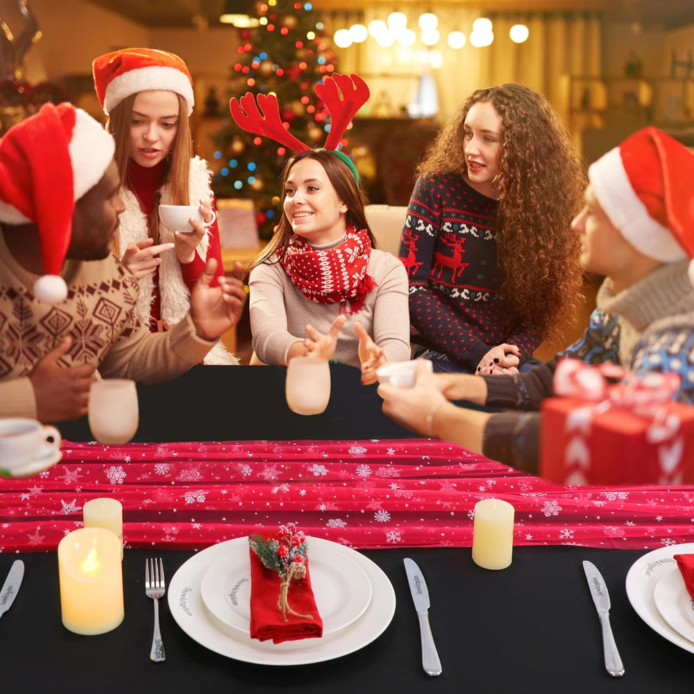 Red Christmas Table Runner, Red and White Snowflakes Cheesecloth Table Runner, C