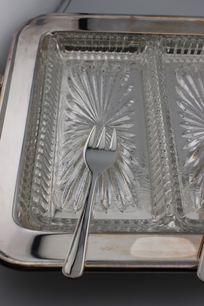 Leonard Silverplated Footed Relish Serving Tray 3 glass liners & Forks Appetizer