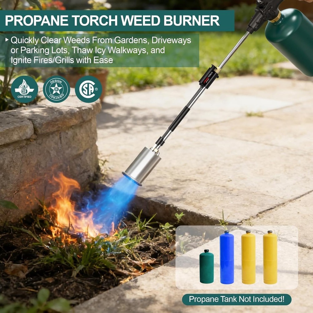 Weed Torch with Push Button Igniter, Propane Burner Flame Weeder Torch for Weeds