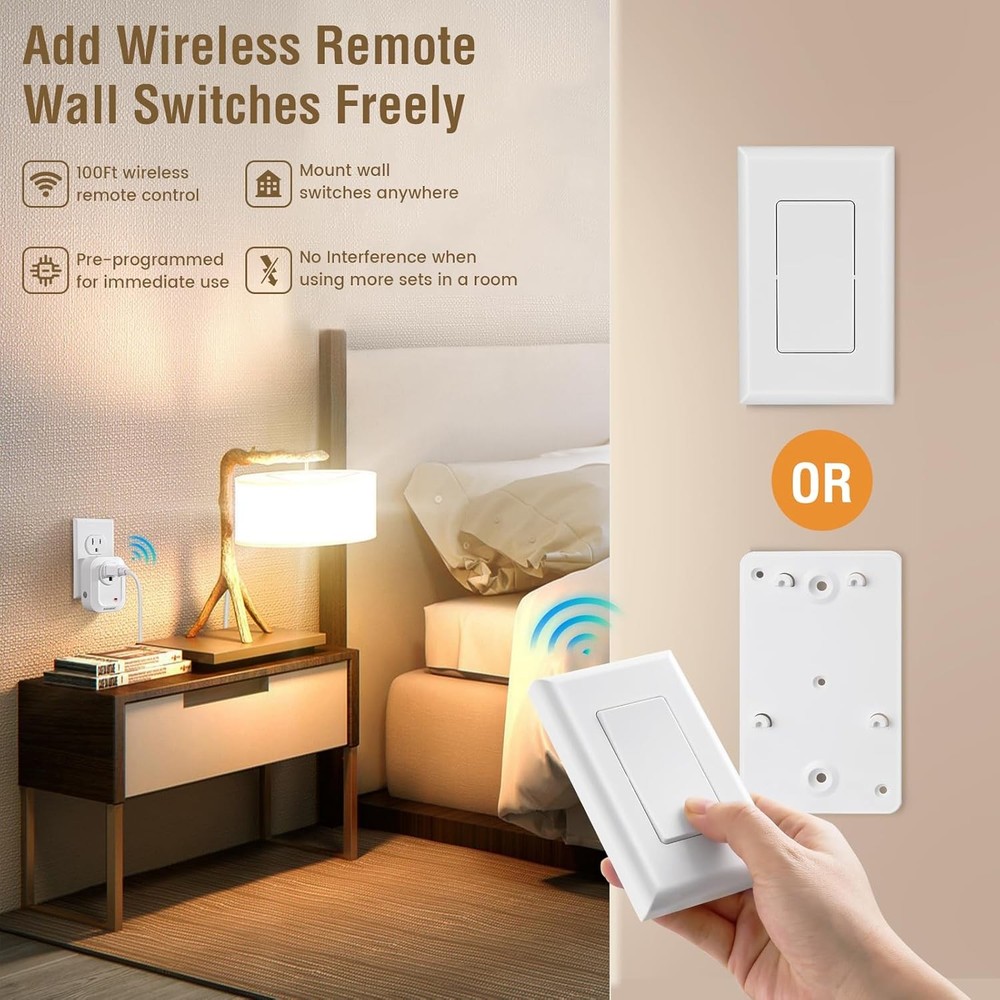 Wireless Wall Switch Remote Control Outlet, No Wiring Needed, 100ft RF Range