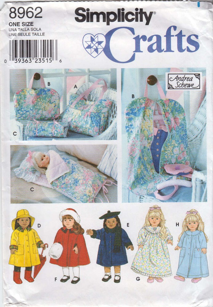 Sewing Pattern Simplicity 8962 Clothes, Gear for 18" Doll Sleeping, Garment Bags