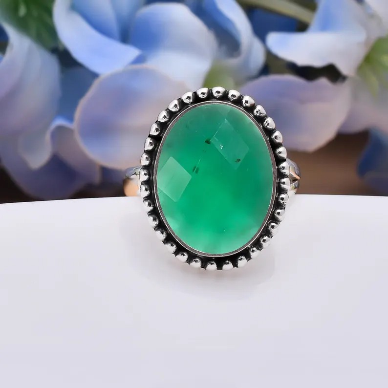 Solid 925 Sterling Silver Natural Green Onyx Artisan Handmade Statement Ring