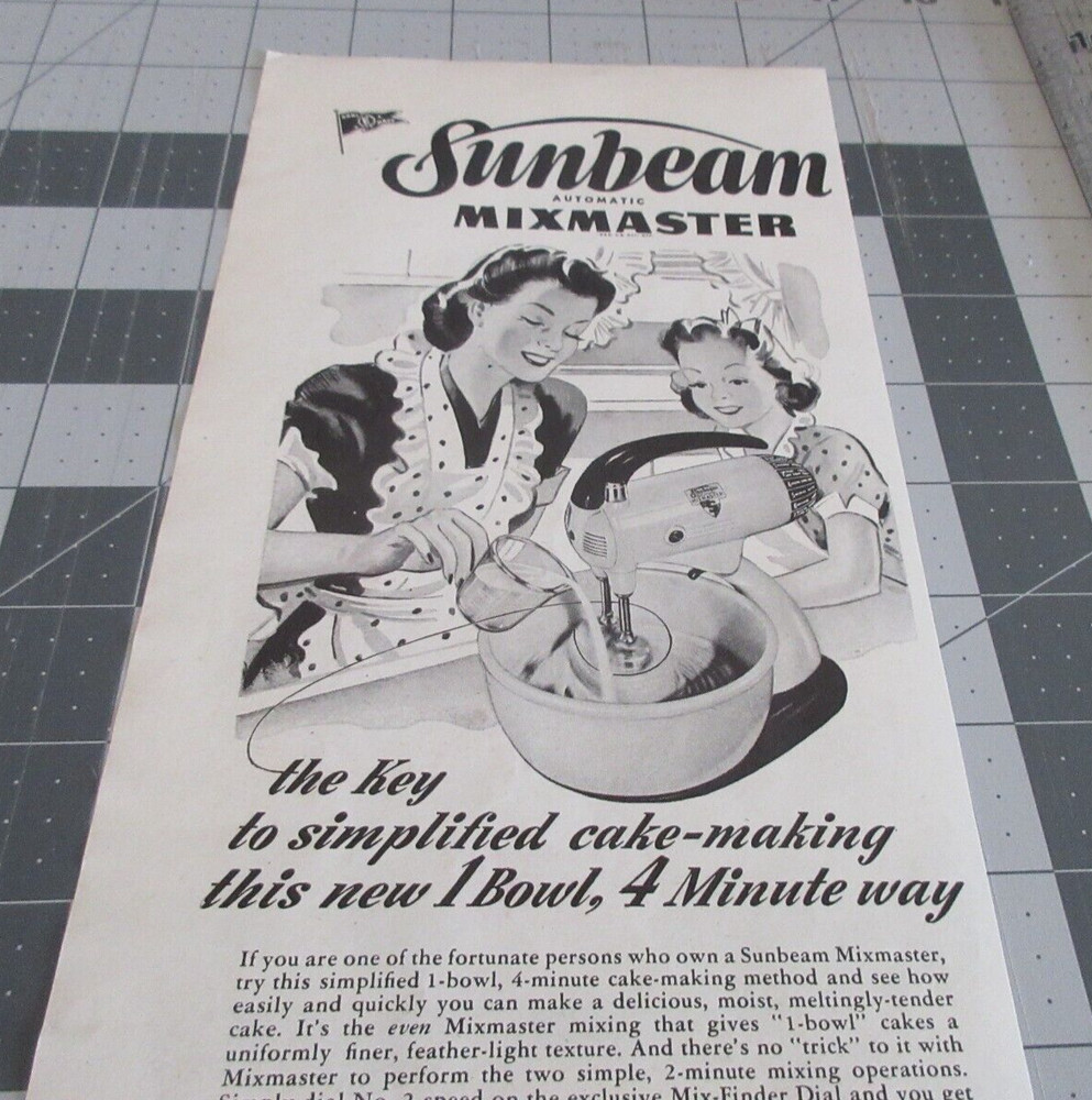 1945 Sunbeam Mixmaster: Simplified Cake Making, Vintage Print Ad