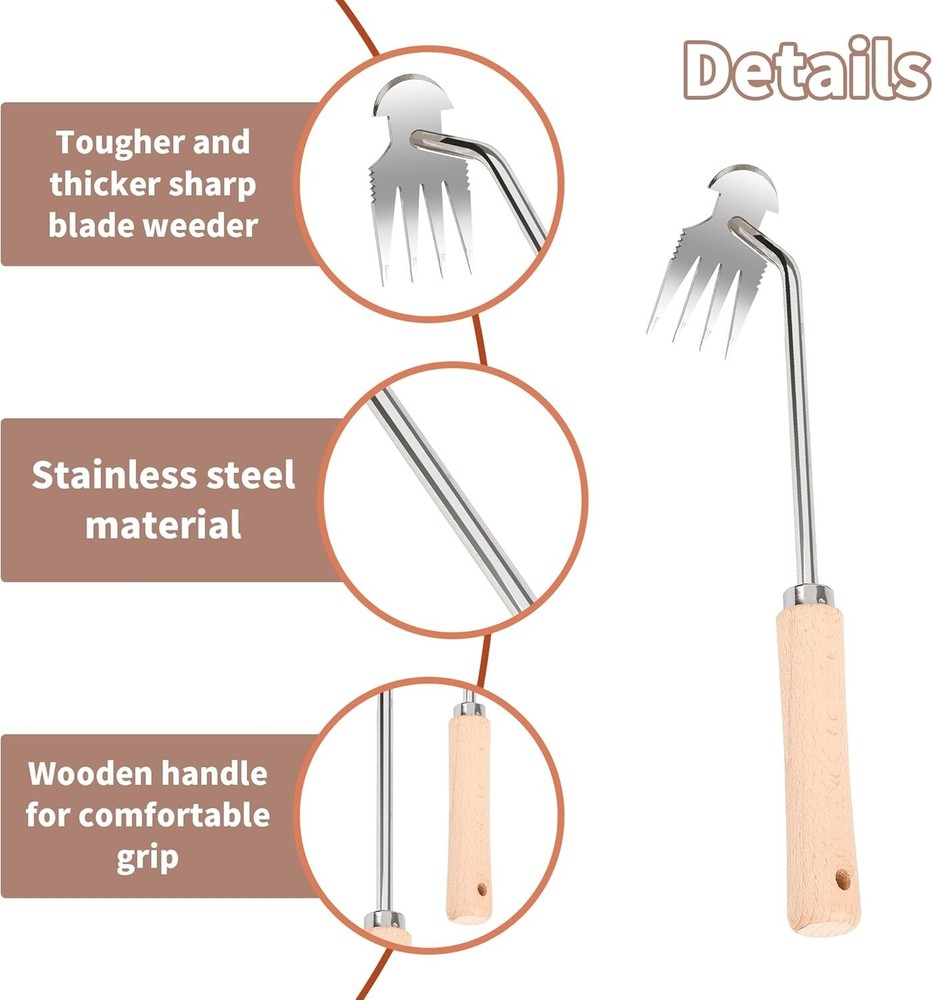 Hand Weeder Tool, 4 Teeth Dual Purpose Weed PullerStainless Steel 3Pcs...