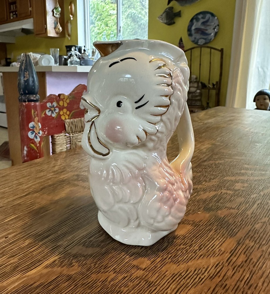 Vintage Pitcher Rooster Gold Glazed Cute