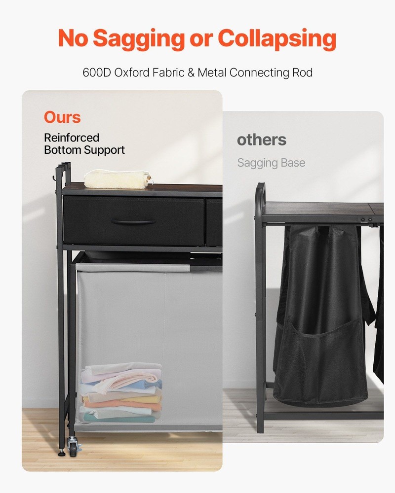 3-Section 29.4Gal Rolling Cabinet with Laundry Bins, Wall-Mount Ready