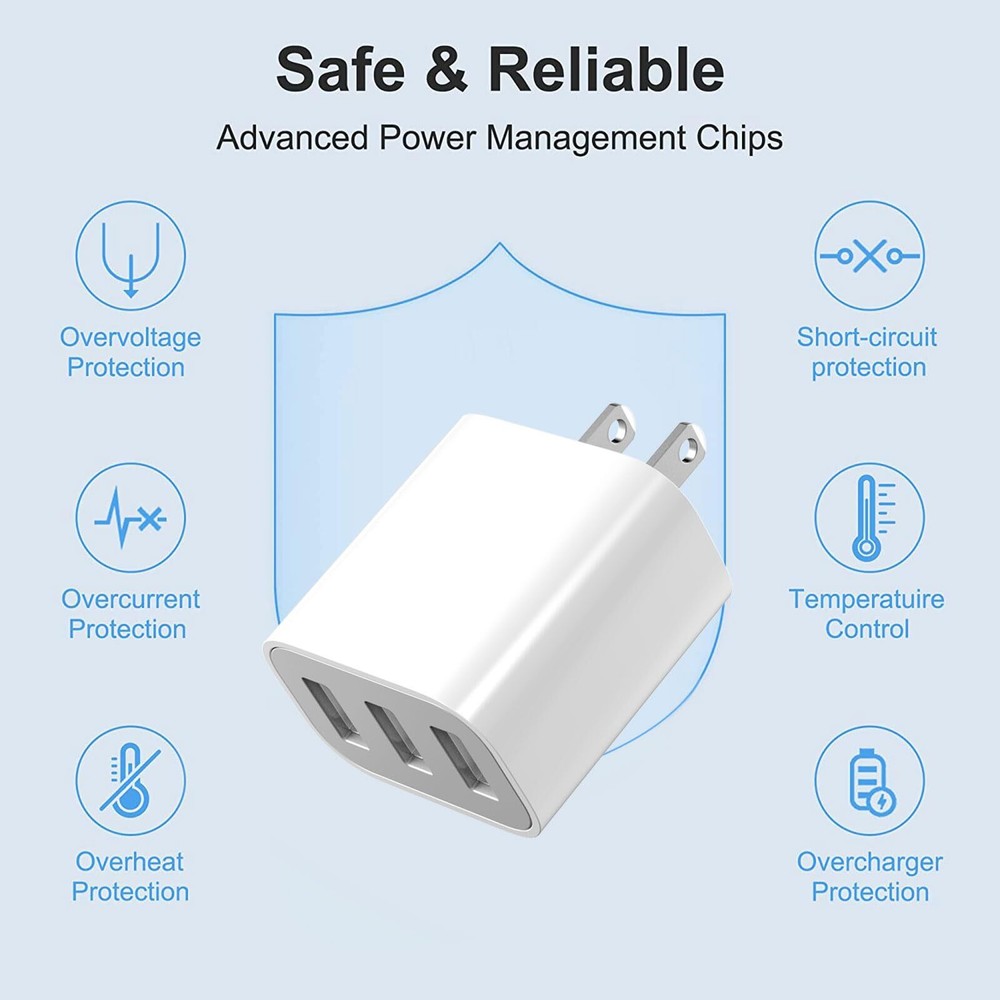 USB Wall Charger 3 Pack 3-Port USB Charger Block Wall Adapter Charging Cube