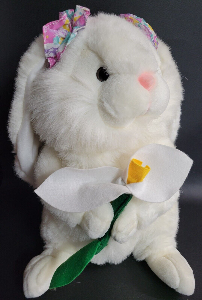 Large 18" Plush White Lop Eared Easter Bunny Rabbit Holding Spring Flower