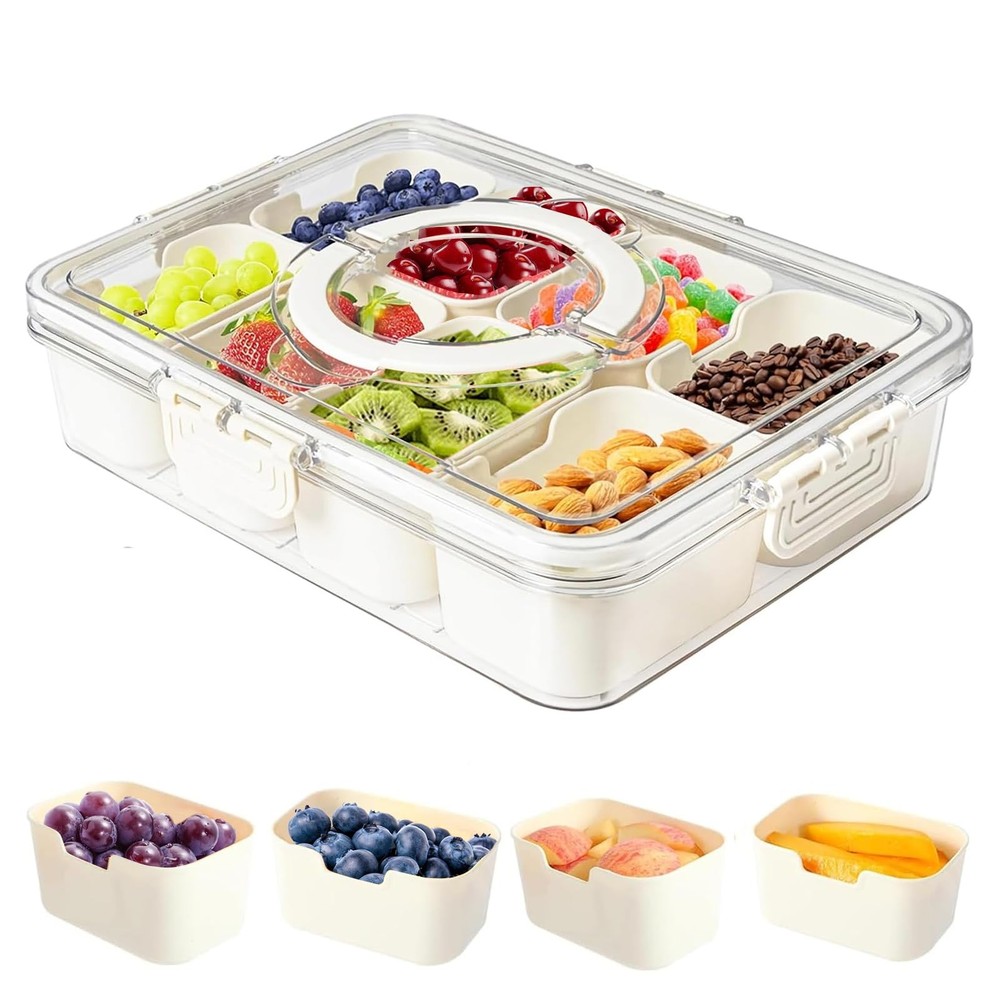 Snackle Box Container, Divided Serving Tray with Lid 8 Compartments, white