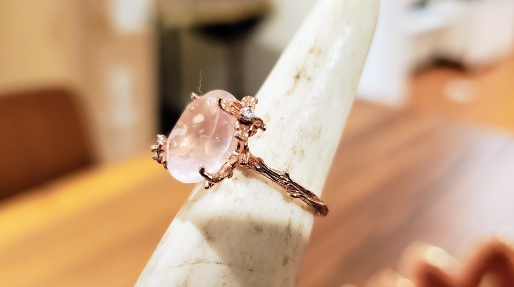 Gold Plated Rose  Quartz Ring with Tiny Diamonds