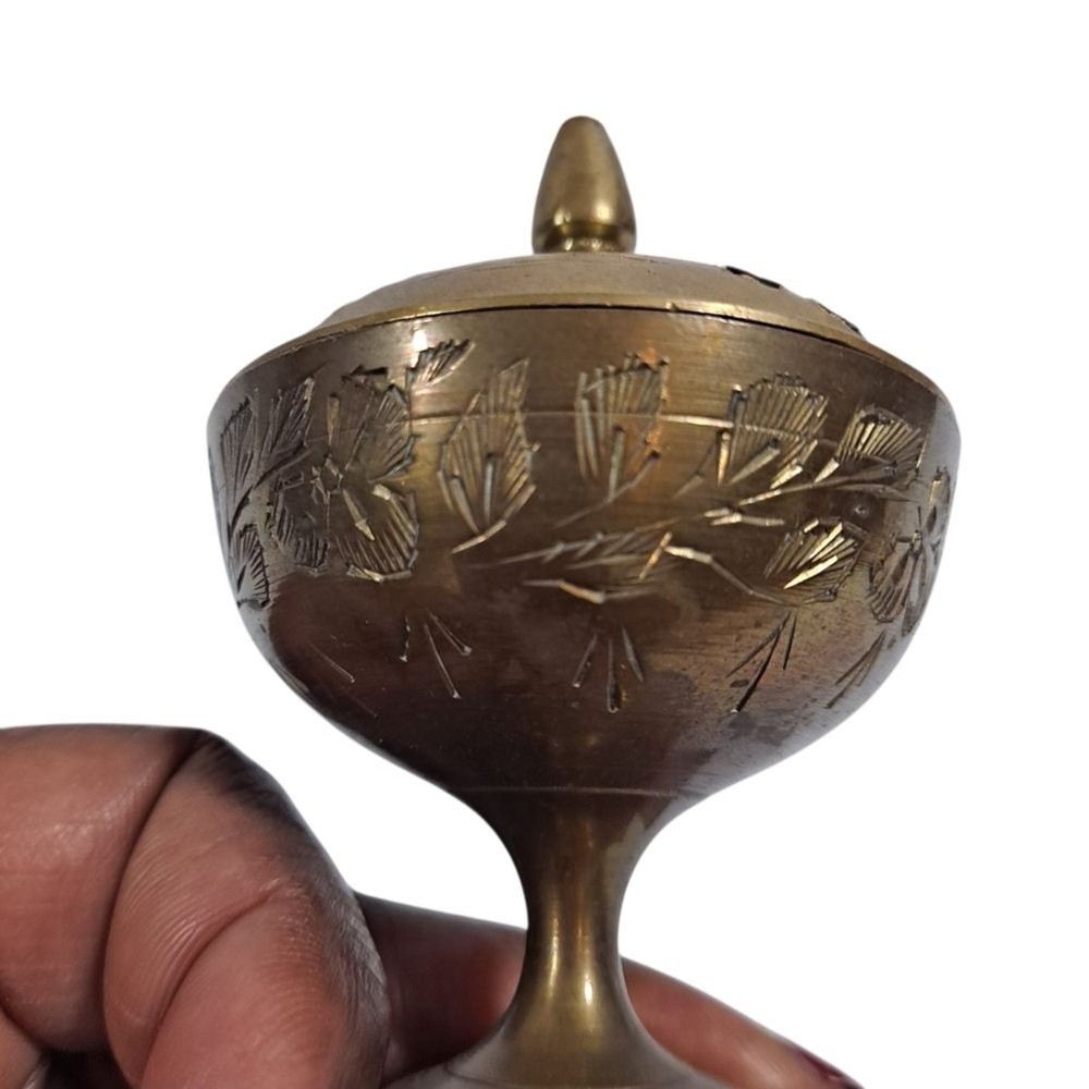 Vintage Indian Brass Incense Burner Etched Leaf Pattern with Pierced Lid 3.5"
