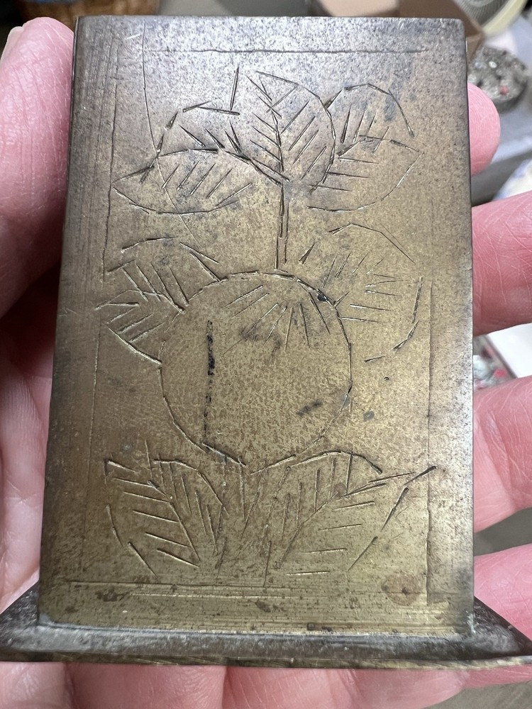 Solid Brass Match Box Holder Stand w Side Stricker Man & Fruit Design
