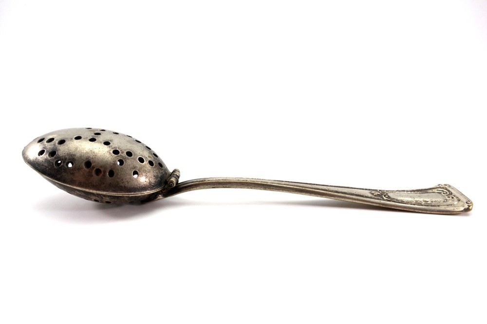 E&JB TEA INFUSER SPOON Strainer Silverplated Hinged Double Spoon Vintage