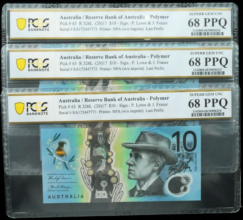 3 x Consecutives 2017 Last Prefix EA17 $10 Notes PCGS SUPERB GEM UNC 68 PPQ #...