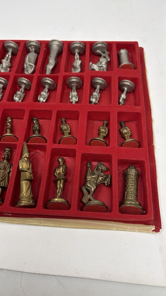 Vintage Brass Chess Set With Leather Gameboard