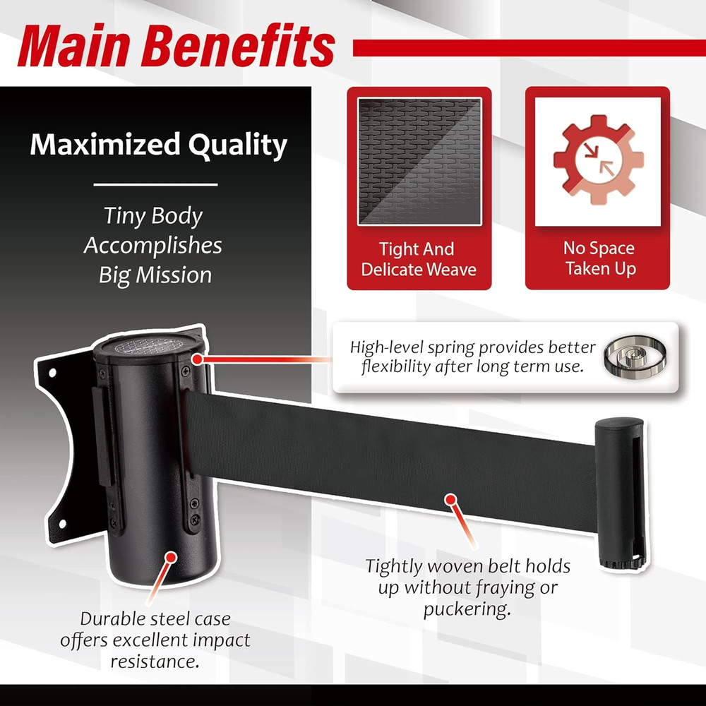 Wall Mount Crowd Control Retractable Belt Barrier - 9.2 Ft Black Retractables Ba