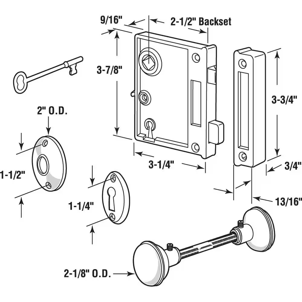Vertical Trim Lock Set, 2-1/2 In. Backset, Cast Steel, Brass Plated Knobs, Keyed