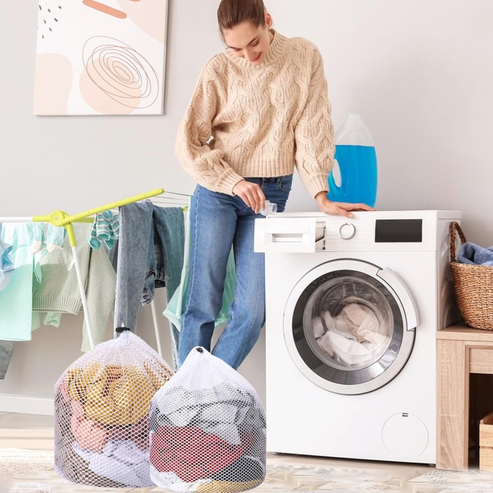 2 Pack Mesh Laundry Bags - Laundry Bag for Delicates with Drawstring White