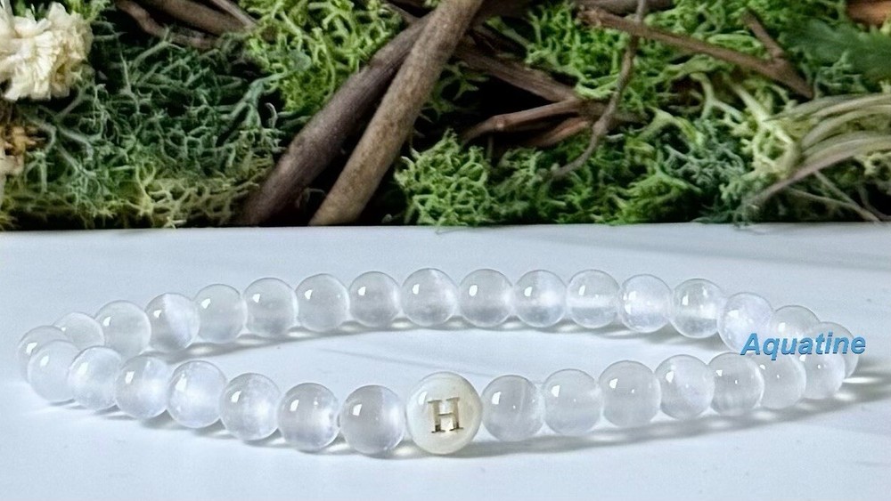 Selenite 6mm Natural Crystal Bead Initial Stretch Bracelet CUSTOM SIZING