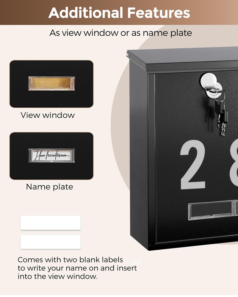 Locking Wall-Mount Mailbox for Outside with 4 Keys Galvanized Steel Rustproof...