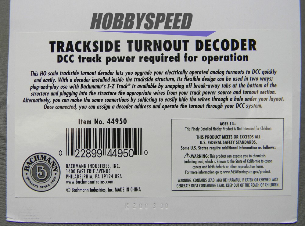 BACHMANN HO SCALE TRACKSIDE TURNOUT DECODER DCC track railroad BAC44950 NEW