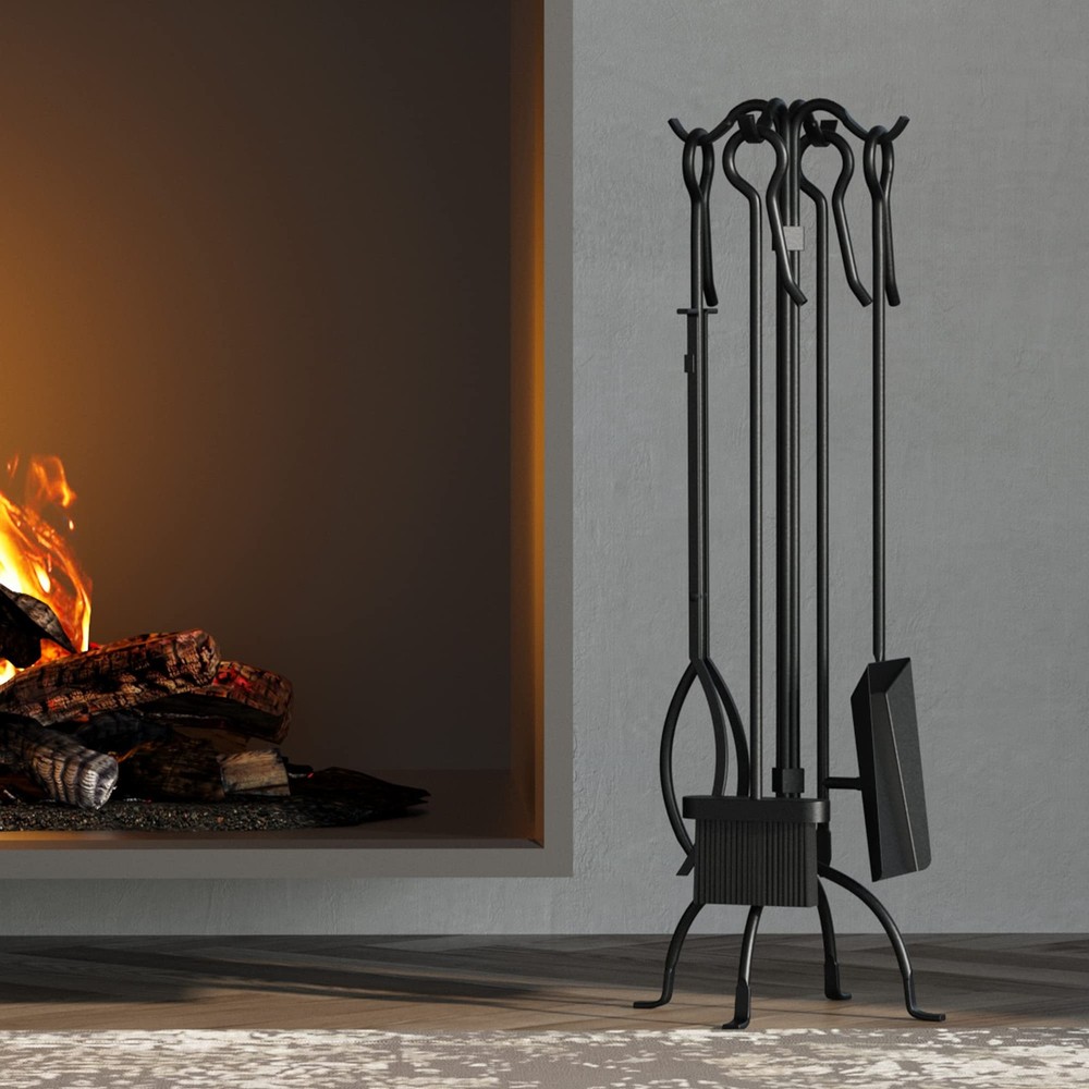 5-Piece Fireplace Tools Set Heavy Duty Wrought Iron Toolset Black