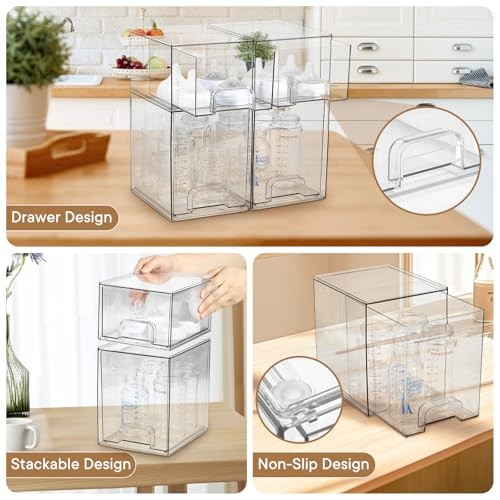 Baby Bottle Organizer, 4 Pack Clear Space-Saving Stackable 2 High + 2 Small