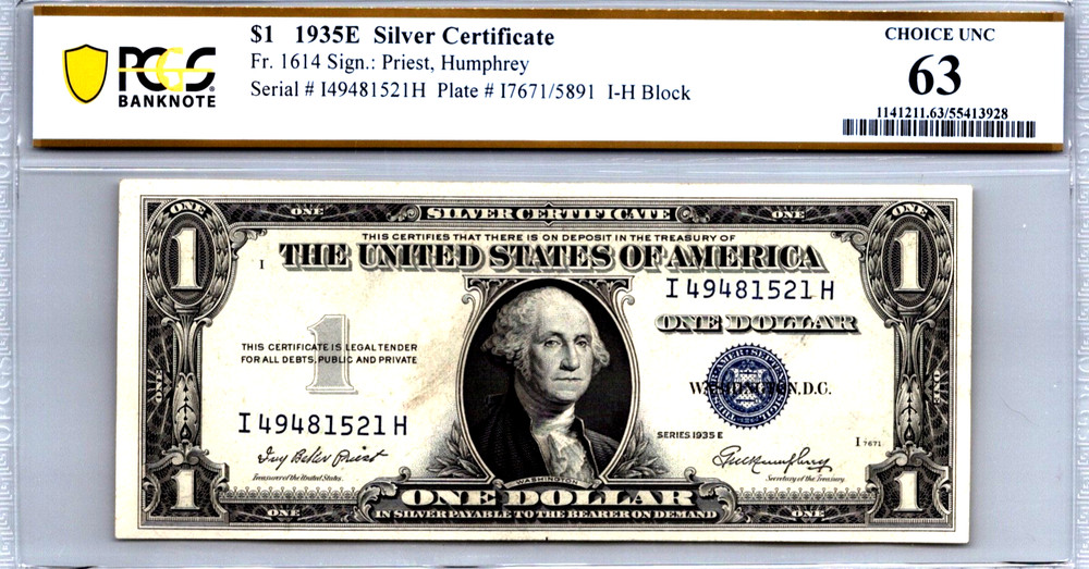 1935-E $1 Silver Certificate PCGS 63 CHOICE UNC Fr. 1614