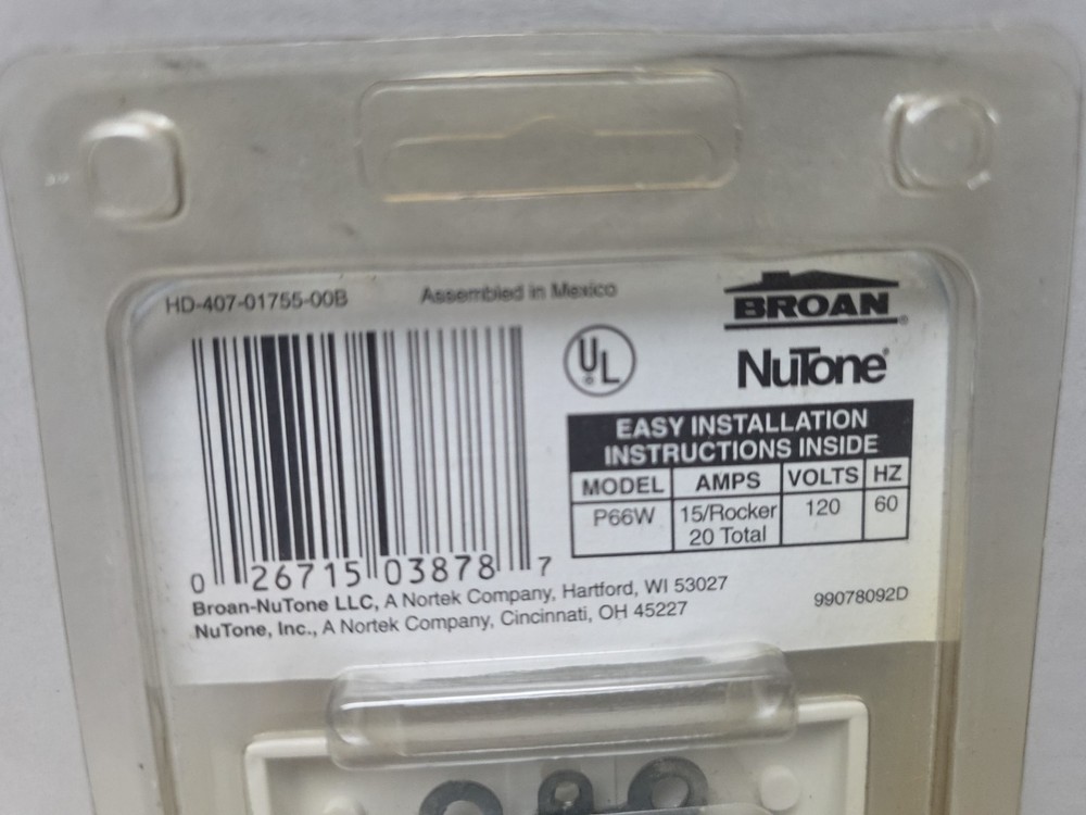 Broan NuTone P66W 3-Function Wall Control Switch Vent Heater Fans 15A - New